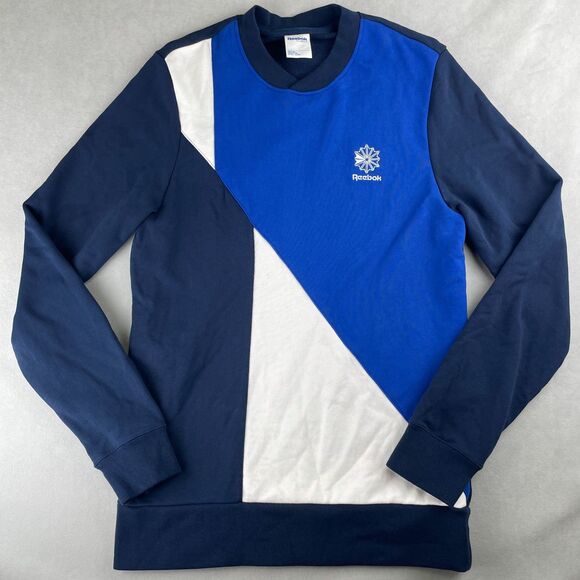 Reebok Sweatshirt Mens Medium Navy White Colorblock Crewneck Long Sleeve AY1216 - Picture 1 of 9